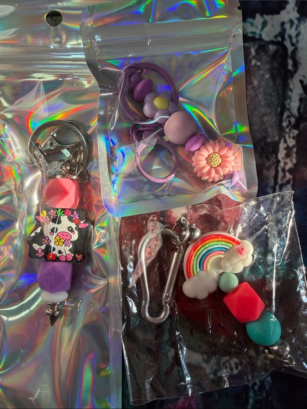 Cute Rainbow & Floral Silicone Keychain Key Holder - Pink, Purple, Teal